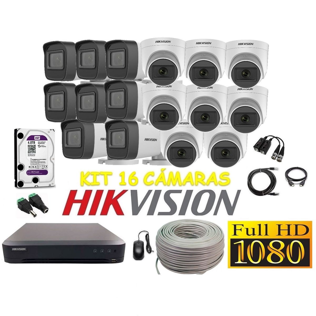 HIKVISION - Cámaras Seguridad Kit 16 HIKVISION FULLHD Audio Incorporado 4tb + Cable