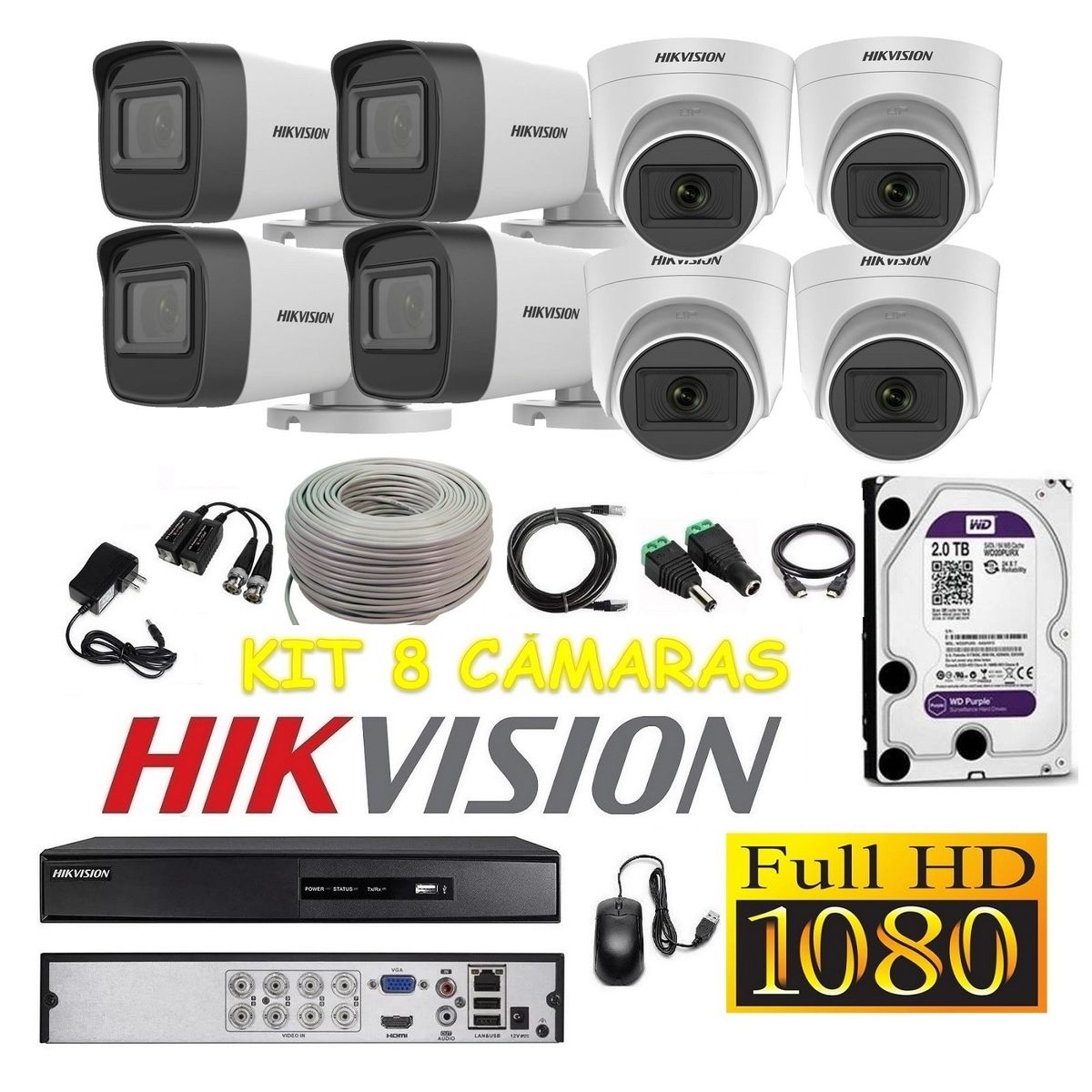 HIKVISION - Cámaras Seguridad Kit 8 HIKVISION FULLHD Audio Incorporado 2tb + Cable