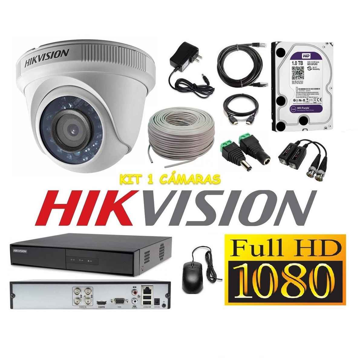 HIKVISION - kit 1 Cámaras Seguridad Domo Interior FULLHD Hikvision 1TB + cable