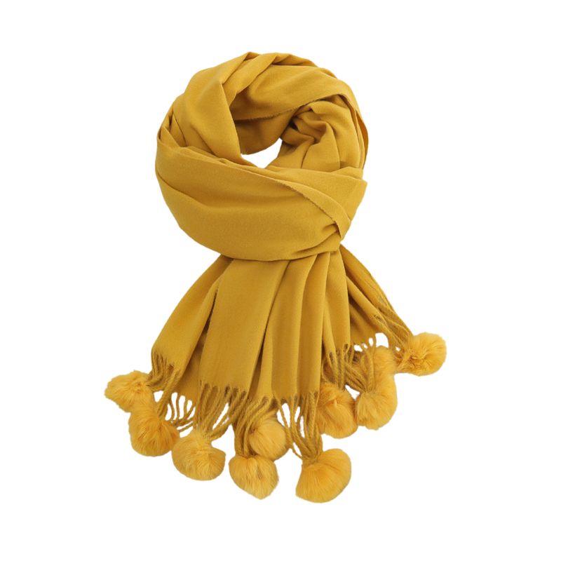 KAST PE - Bufanda Chalina Riley Amarillo Chal Largo con Borlas y pompones Suave