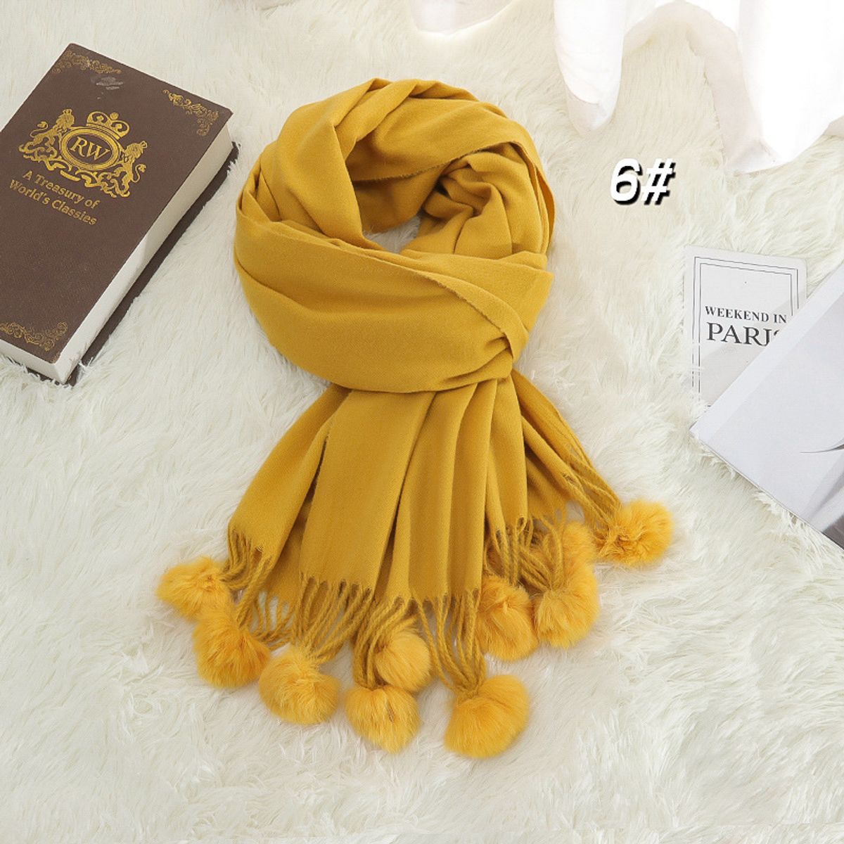 KAST PE - Bufanda Chalina Riley Amarillo Chal Largo con Borlas y pompones Suave
