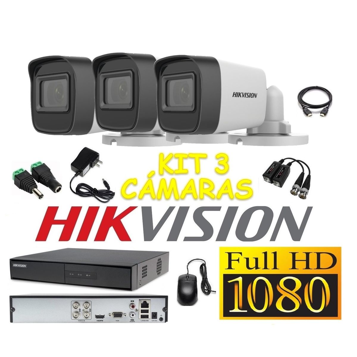 HIKVISION - Cámaras Seguridad Kit 3 HIKVISION Tubo FULLHD Audio Incorporado