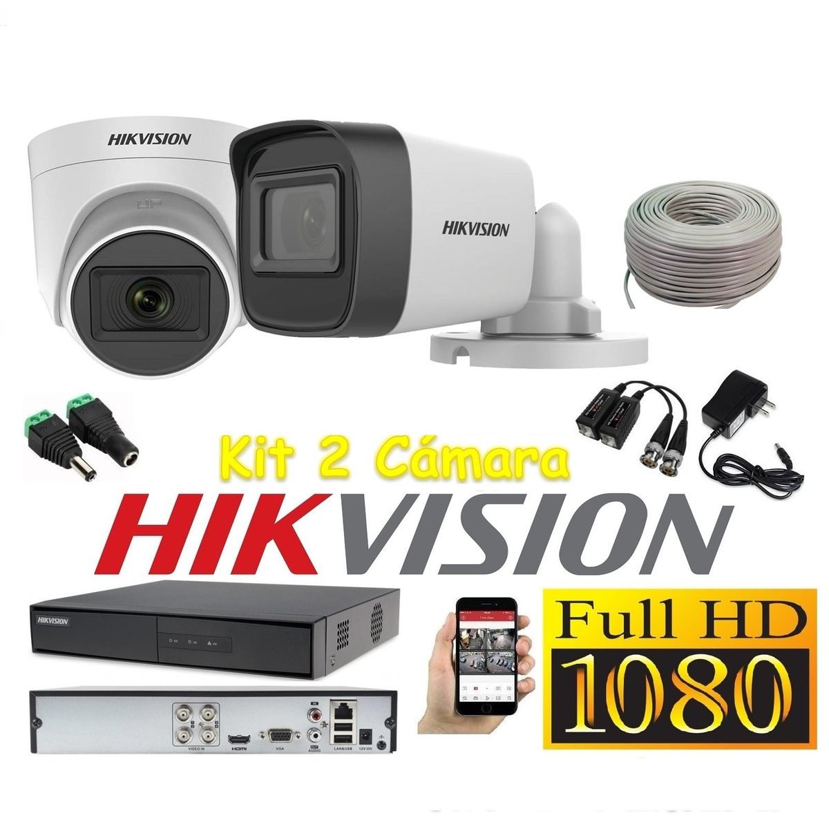 HIKVISION - Cámaras Seguridad Kit 2 HIKVISION FULLHD Audio Incorporado + Cable