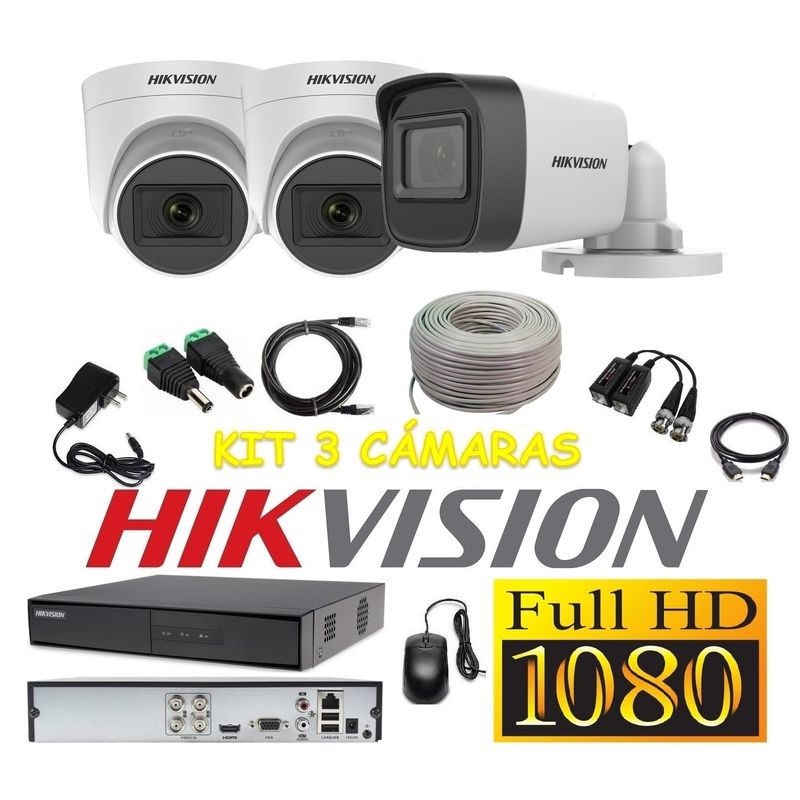 HIKVISION - Cámaras Seguridad Kit 3 HIKVISION FULLHD Audio Incorporado + Cable