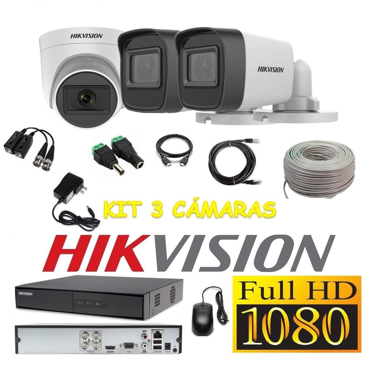 HIKVISION - Cámaras Seguridad Kit 3 HIKVISION FULLHD Audio Incorporado + Cable