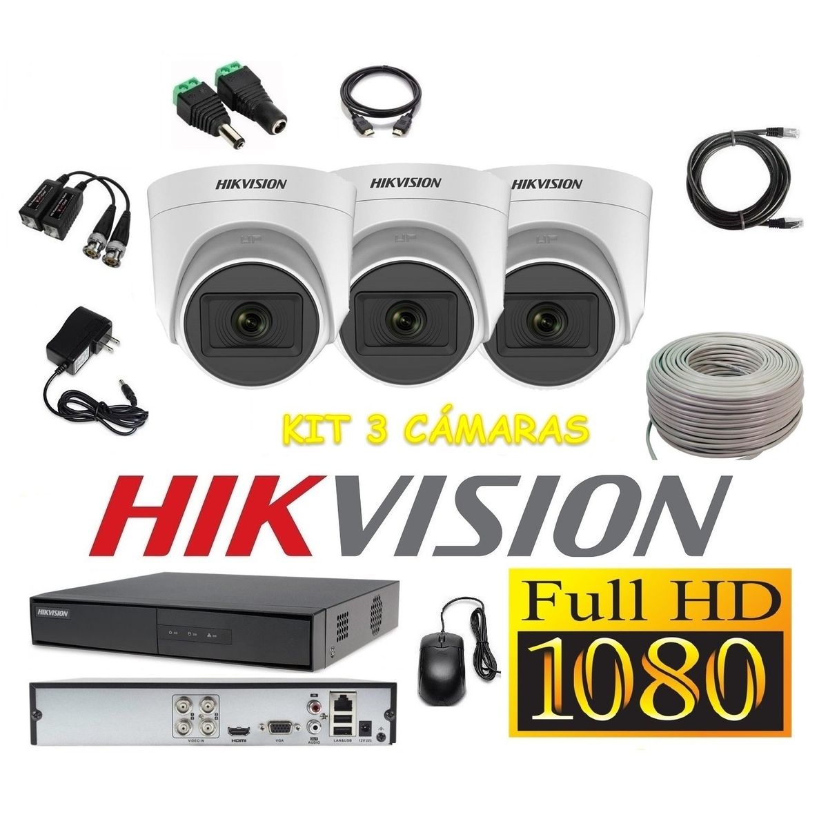 HIKVISION - Cámaras Seguridad Kit 3 HIKVISION Domo FULLHD Audio Incorporado + Cable