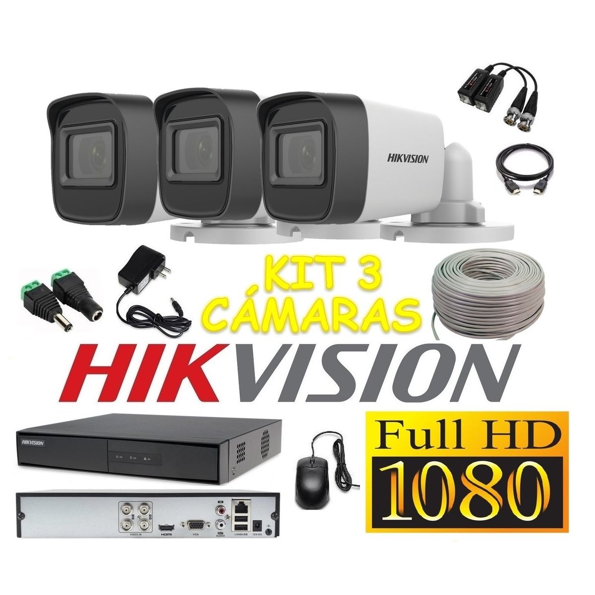 HIKVISION - Cámaras Seguridad Kit 3 HIKVISION Tubo FULLHD Audio Incorporado + Cable
