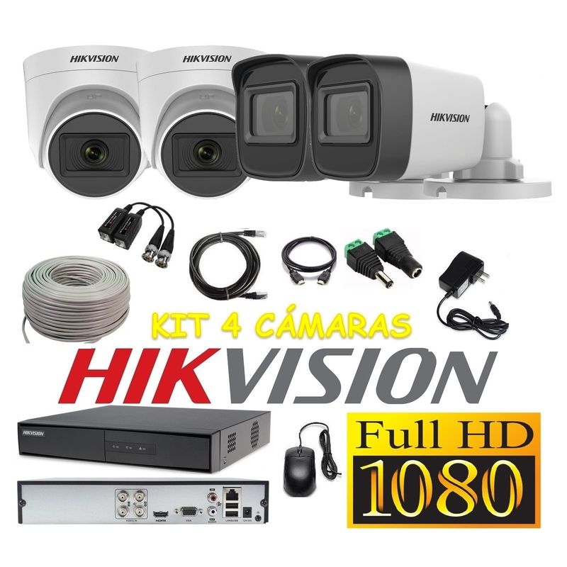 HIKVISION - Cámaras Seguridad Kit 4 HIKVISION FULLHD Audio Incorporado + Cable