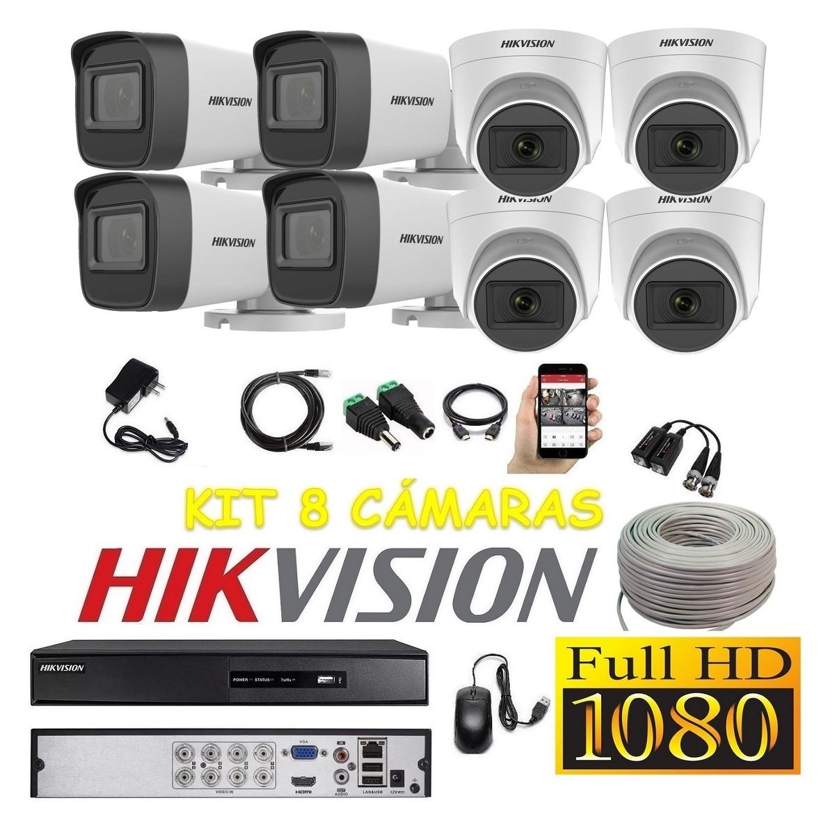 HIKVISION - Cámaras Seguridad Kit 8 HIKVISION FULLHD Audio Incorporado + Cable