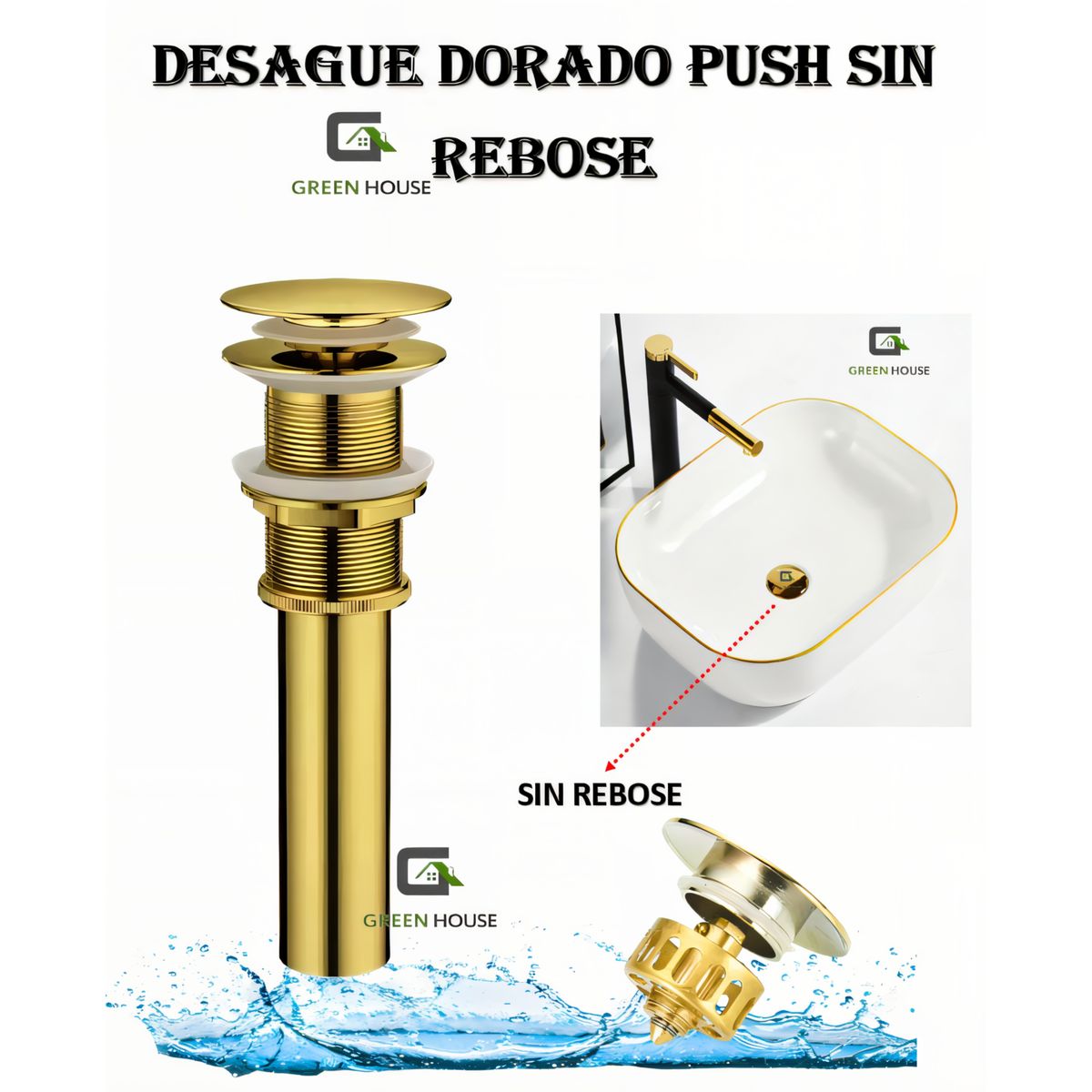 GREEN HOUSE - DESAGUE DORADO PARA OVALIN PUSH BUTTON  SIN REBOSE