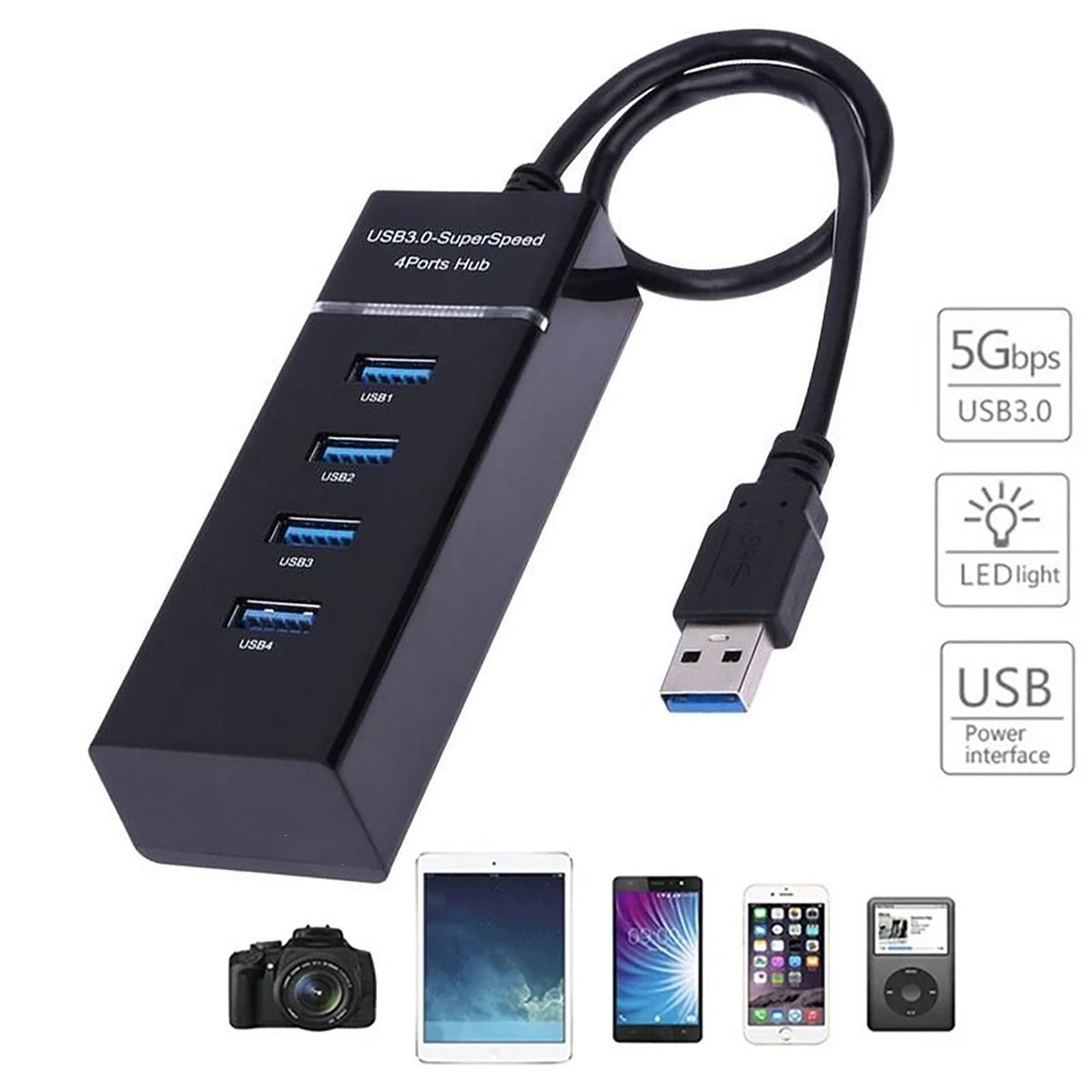 GENERICO - Hub de 4 puertos USB 3.0 de alta velocidad - Negro