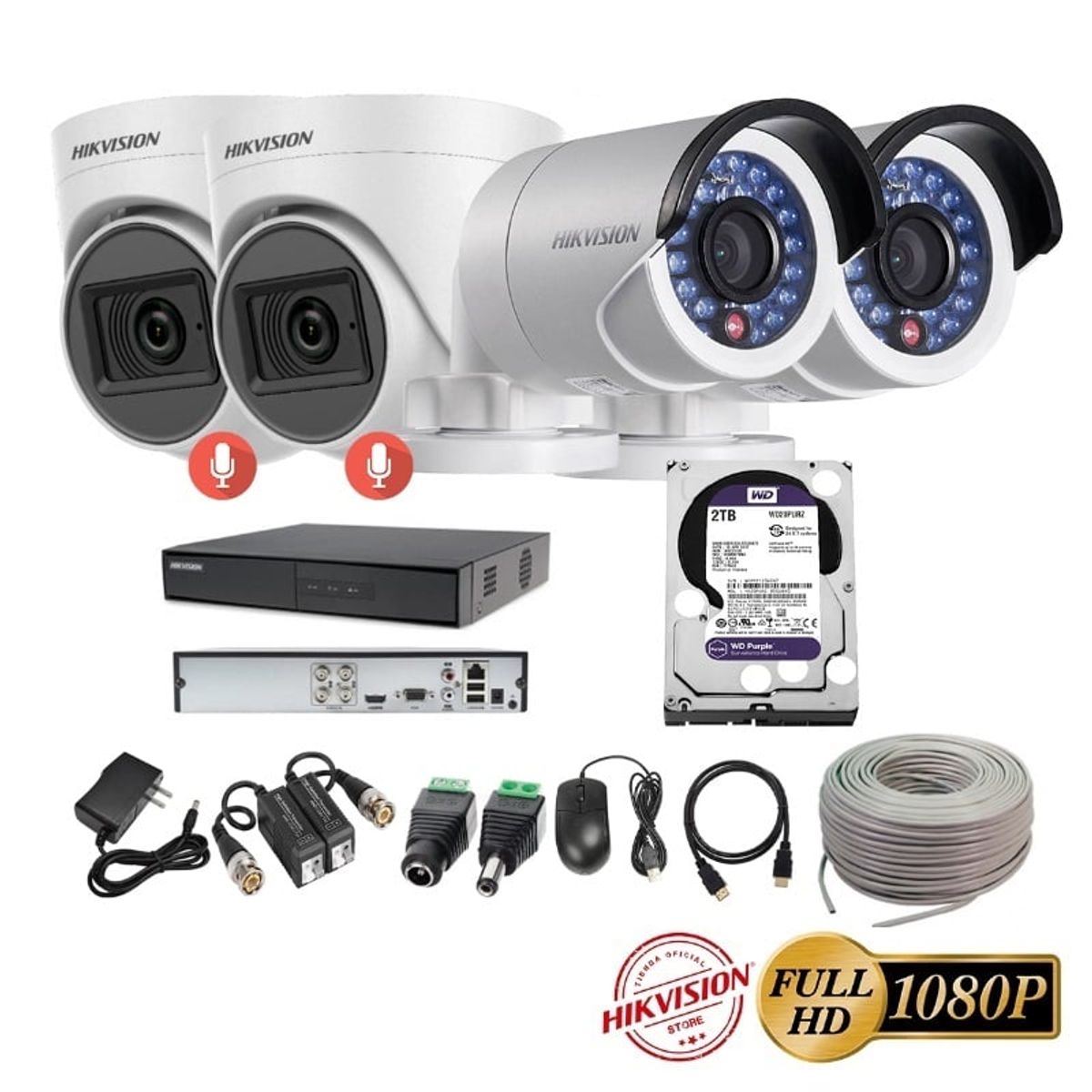 HIKVISION - kit 4 Cámaras Seguridad FULLHD Hikvision + 2TB + AUDIO + Cable