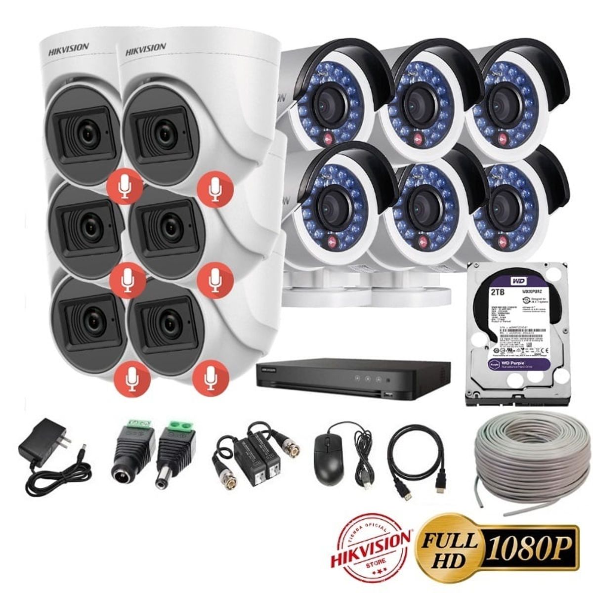 HIKVISION - kit 12 Cámaras Seguridad FULLHD Hikvision + 2TB + AUDIO + Cable