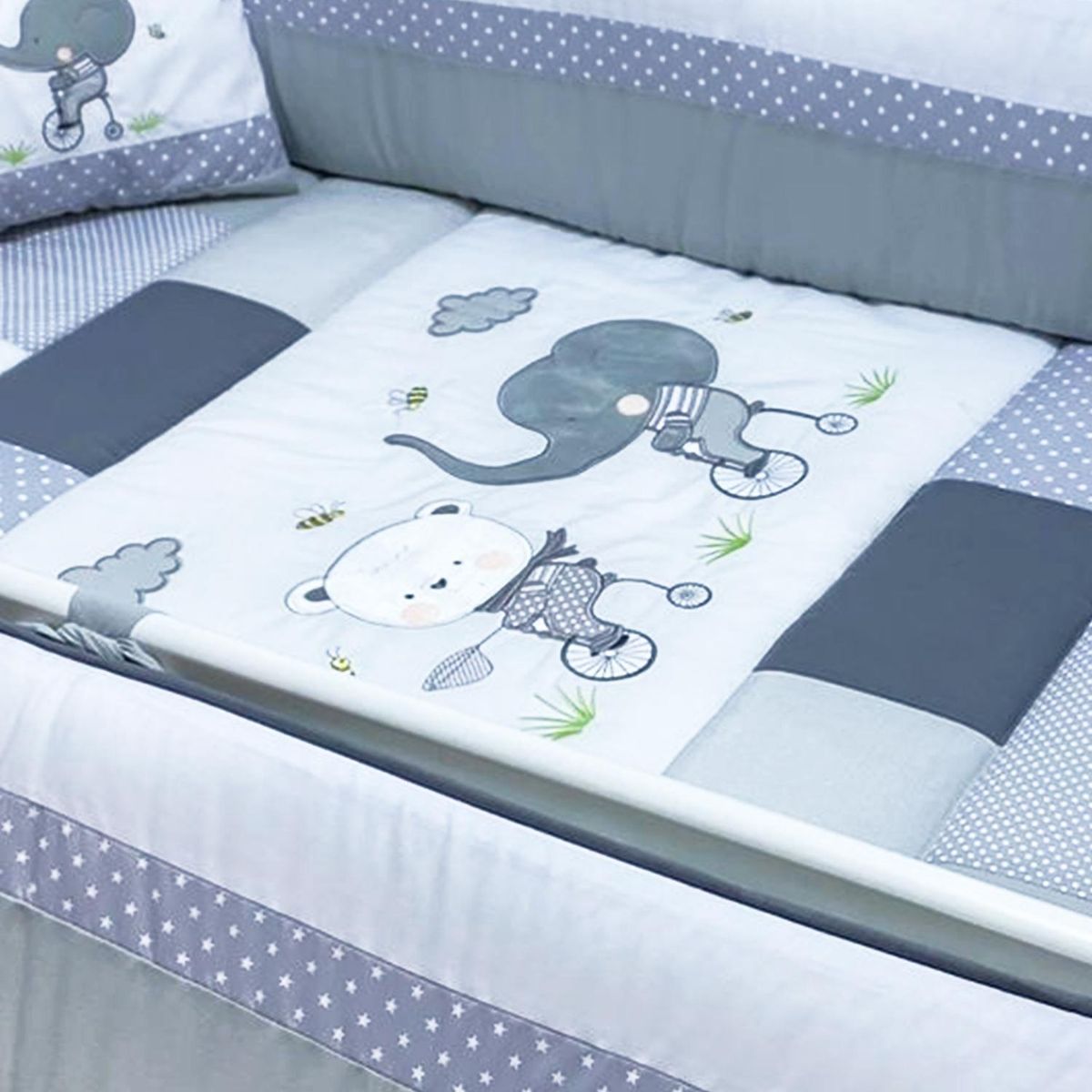 BABY MERINOS - Set de Cuna y 4 protectores - Prestige - Ciclistas - Gris