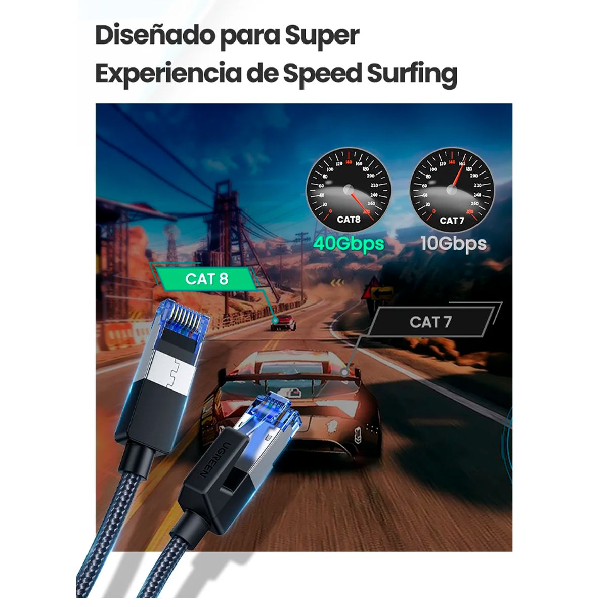 UGREEN - Cable Ethernet Ugreen Cat8 Nylon Red 10metros