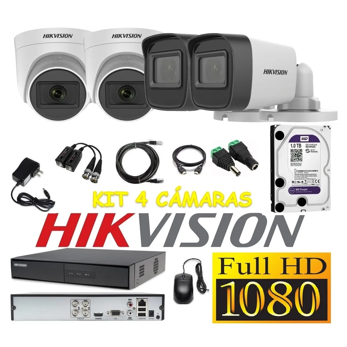 HIKVISION - Cámaras Seguridad Kit 4 HIKVISION FULLHD Audio Incorporado 1Tb