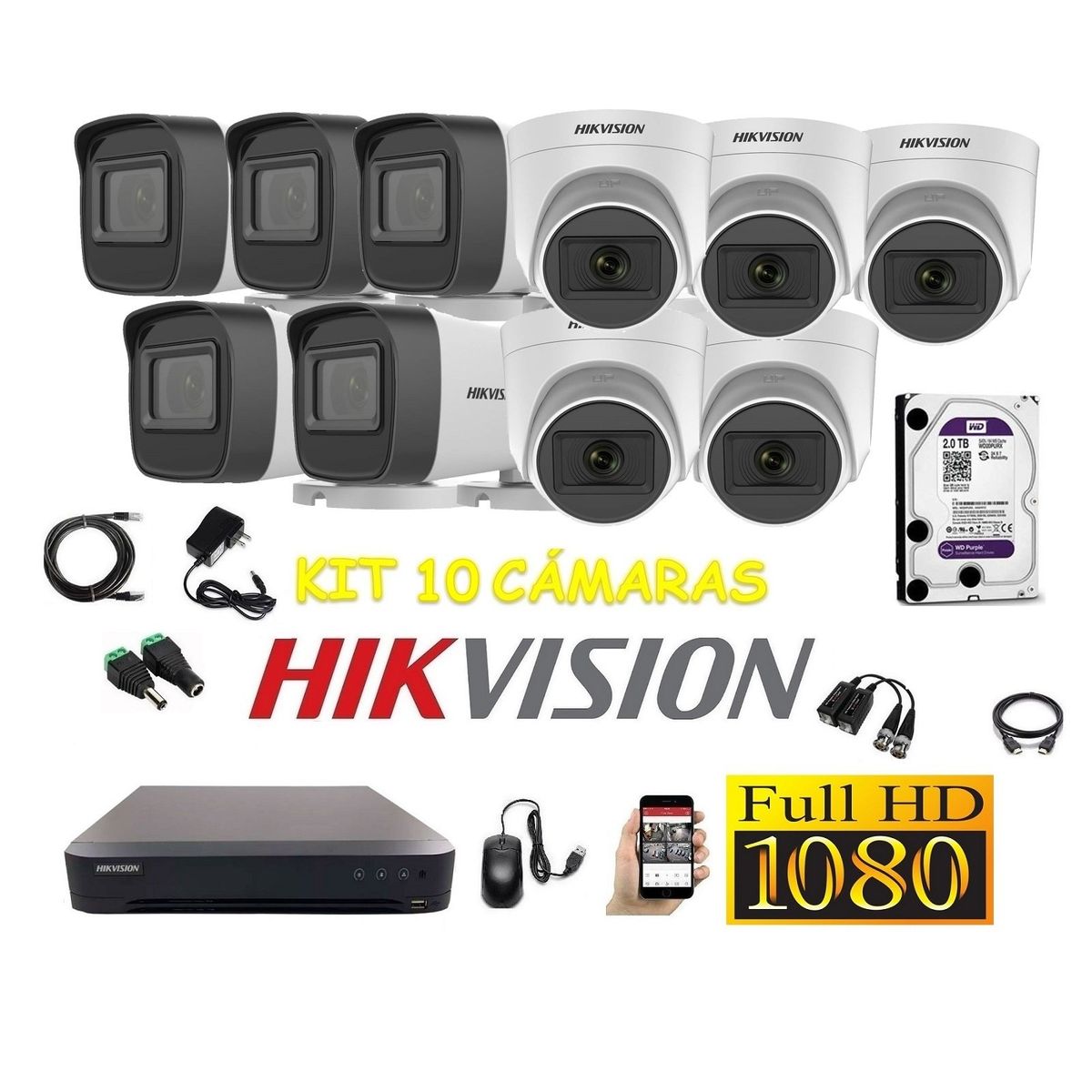 HIKVISION - Cámaras Seguridad Kit 10 HIKVISION FULLHD Audio Incorporado 2tb