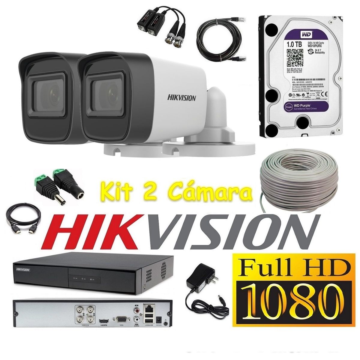 HIKVISION - Cámaras Seguridad Kit 2 HIKVISION TUBO FULLHD Audio Incorporado 1Tb + Cable