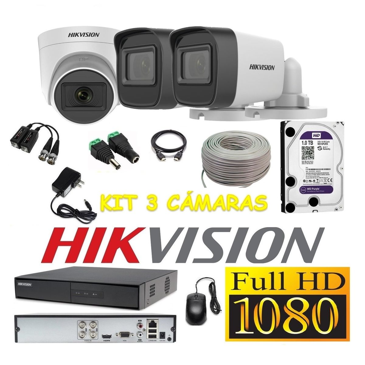 HIKVISION - Cámaras Seguridad Kit 3 HIKVISION FULLHD Audio Incorporado 1Tb + Cable
