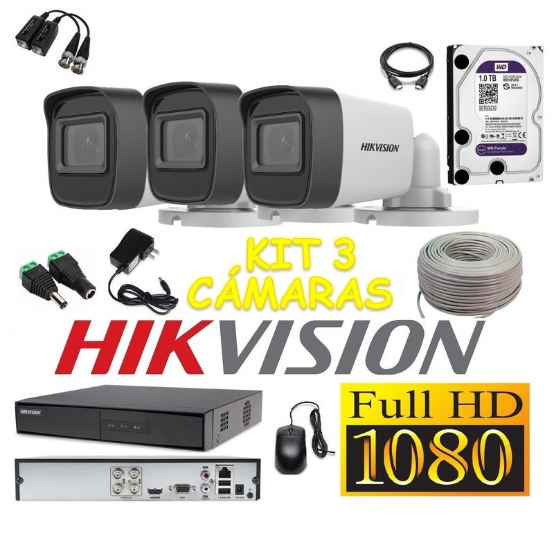 HIKVISION - Cámaras Seguridad Kit 3 HIKVISION Tubo FULLHD Audio Incorporado 1Tb + Cable