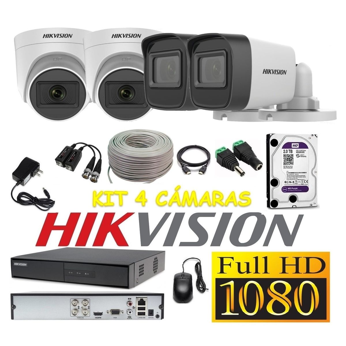 HIKVISION - Cámaras Seguridad Kit 4 HIKVISION FULLHD Audio Incorporado 2Tb + Cable