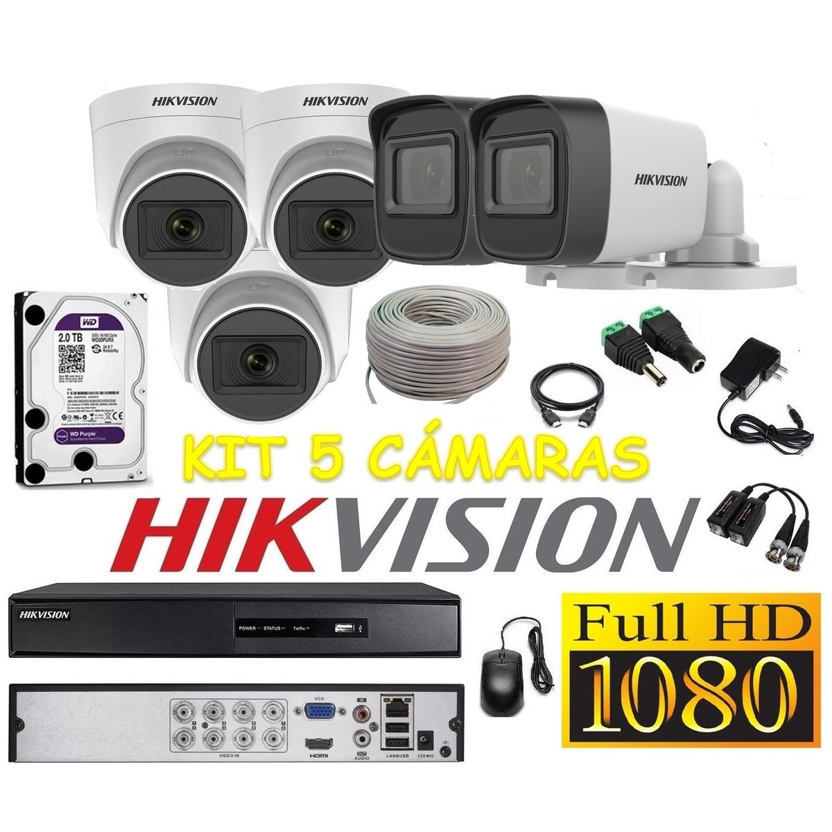 HIKVISION - Cámaras Seguridad Kit 5 HIKVISION FULLHD Audio Incorporado 2tb + Cable