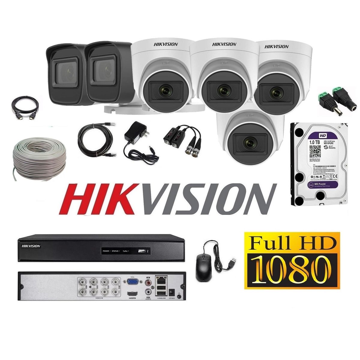 HIKVISION - Cámaras Seguridad Kit 6 HIKVISION FULLHD Audio Incorporado 1tb + Cable