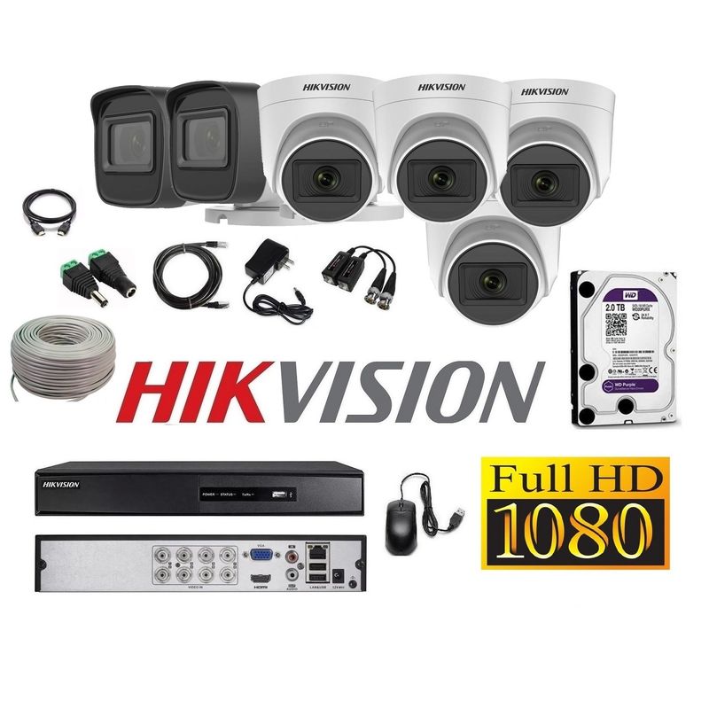 HIKVISION - Cámaras Seguridad Kit 6 HIKVISION FULLHD Audio Incorporado 2tb + Cable