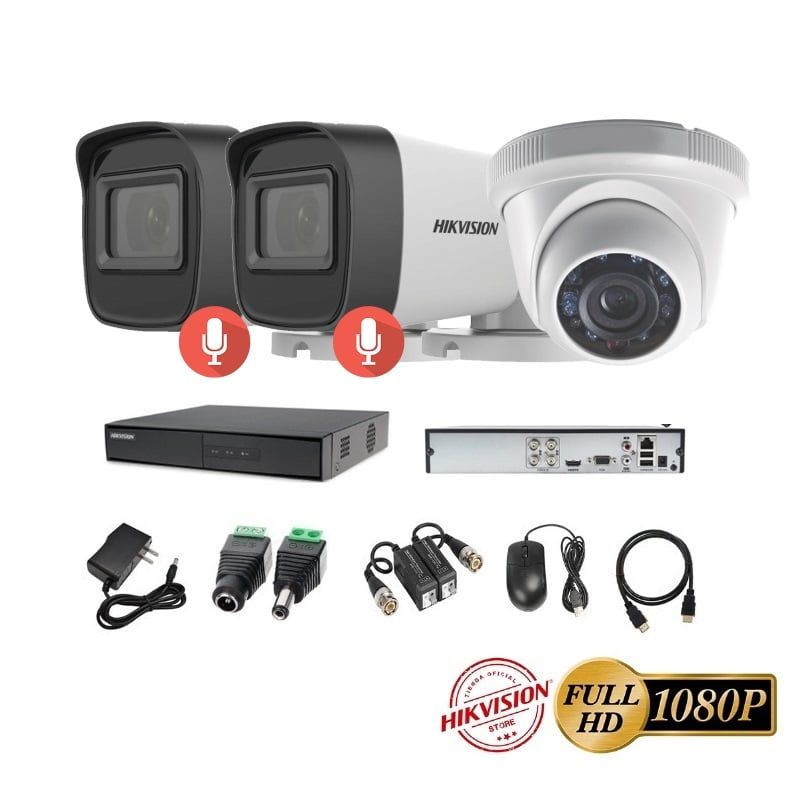 HIKVISION - kit 3 Cámaras Seguridad FULLHD Hikvision + AUDIO