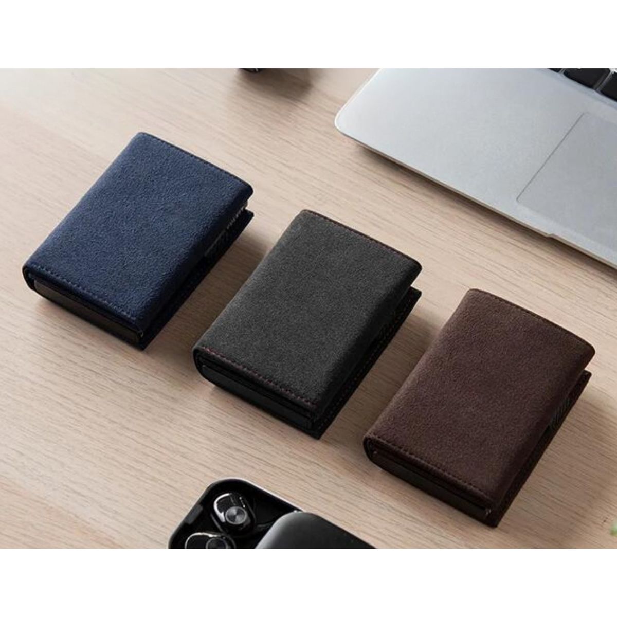 KASHITA - Billetera Tarjetero RFID Premium Cuero Alcantara® Tres Cuerpos