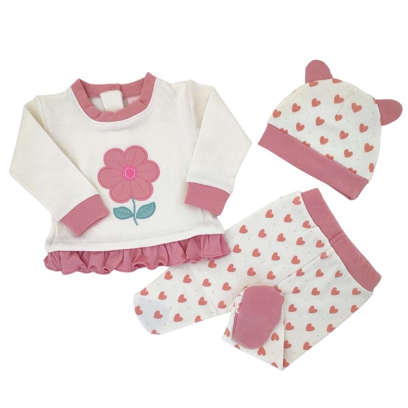 GENERICO - Conjunto Jacquard Flor - 3 piezas - Crema-Palo Rosa- Talla 0