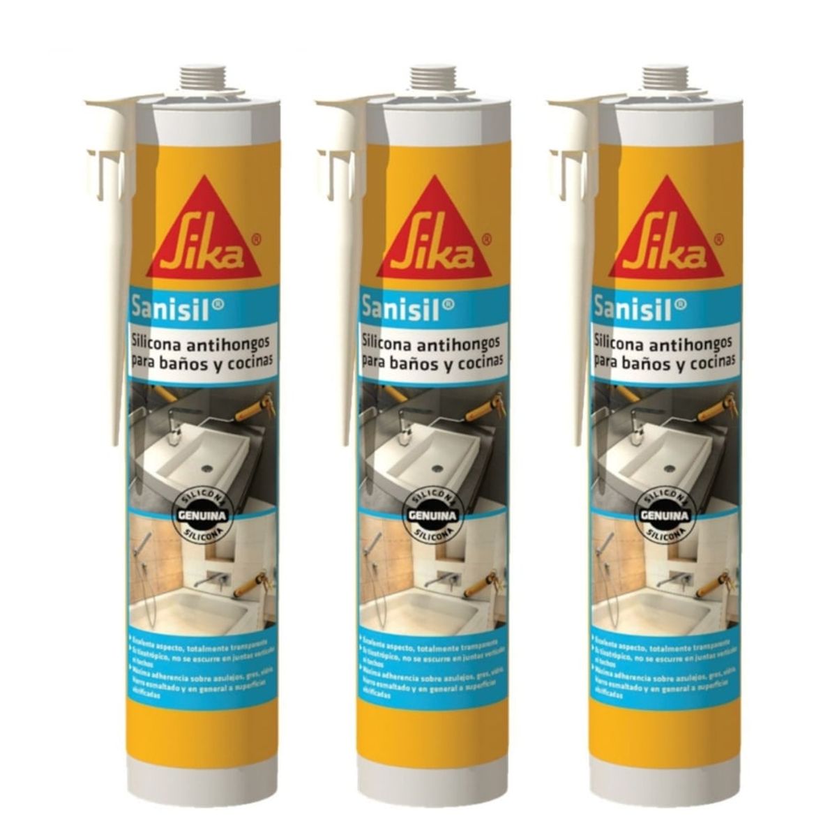 SIKA - Pack 3 Und de Silicona para baños y cocinas Sika Sanisil® Blanco 280ml