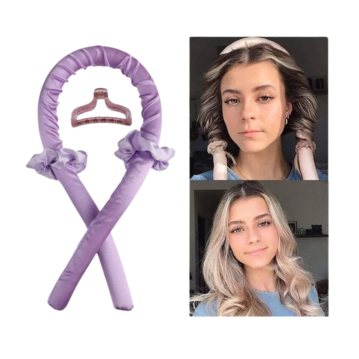 GENERICO - Rizador De Cabello Sin Calor + 2 Collets + Gancho Peinado LILA