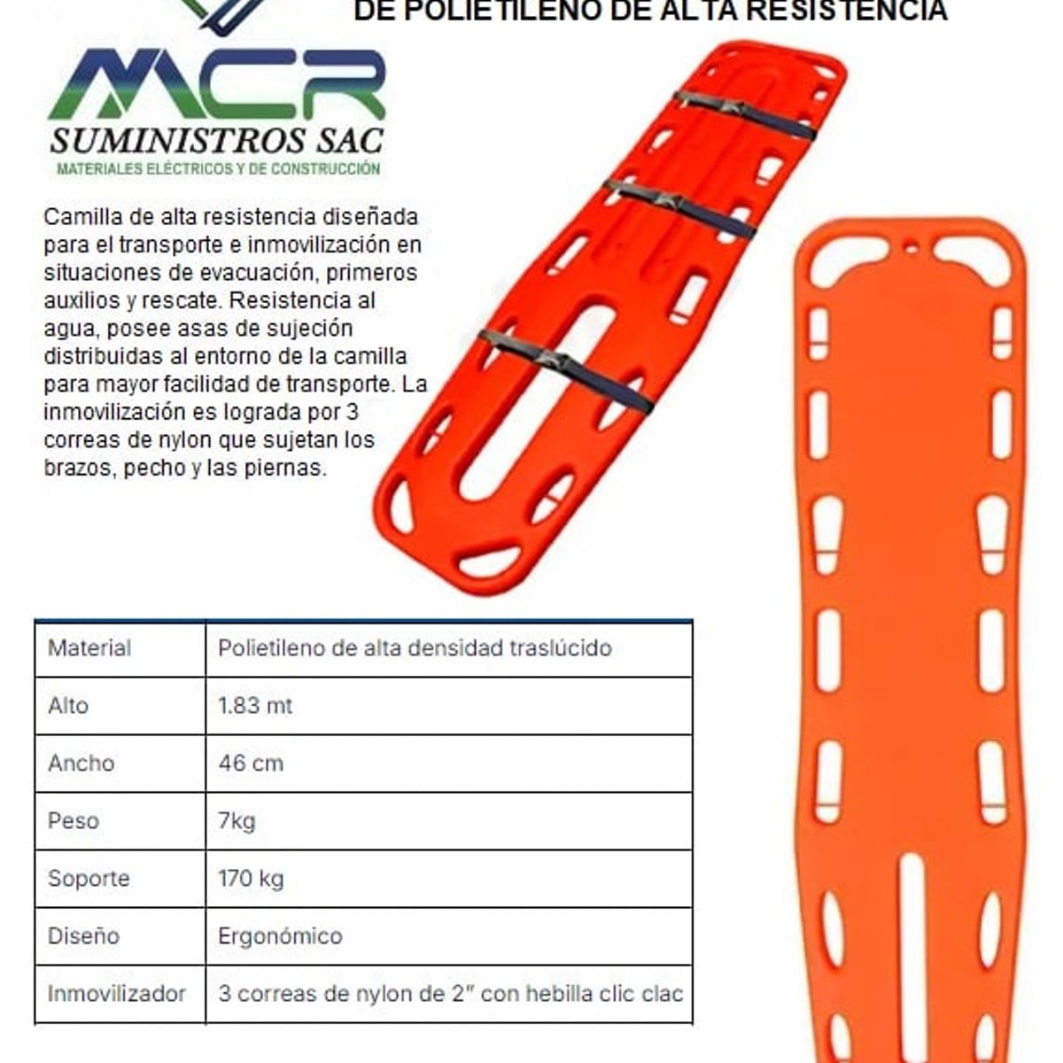 GENERICO - CAMILLA DE RESCATE CON CORREAS DE POLIETILENO DE ALTA RESISTENCIA