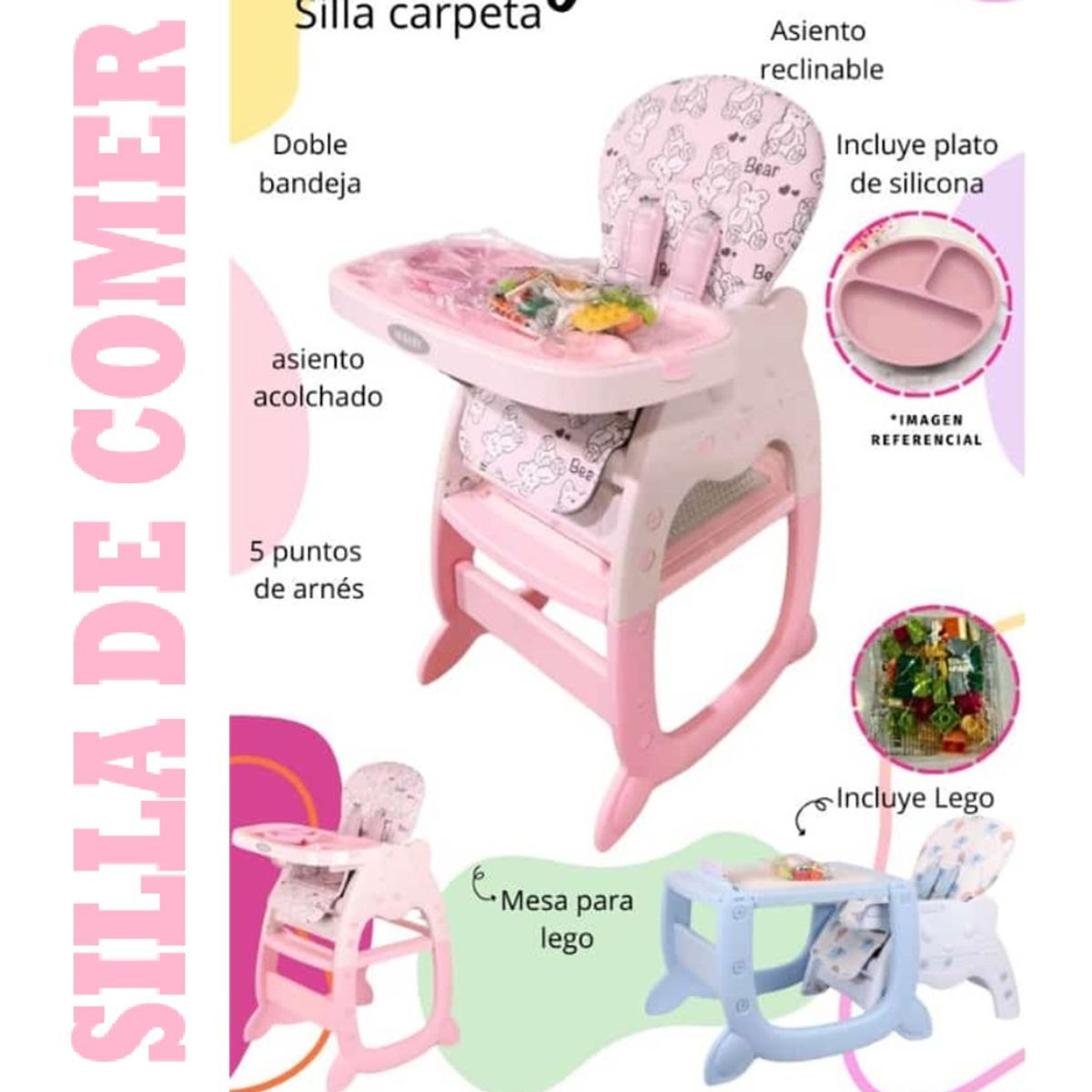 HI BABY - Silla de Comer Acolchonado Gato 3 en 1 Con Plato + lego