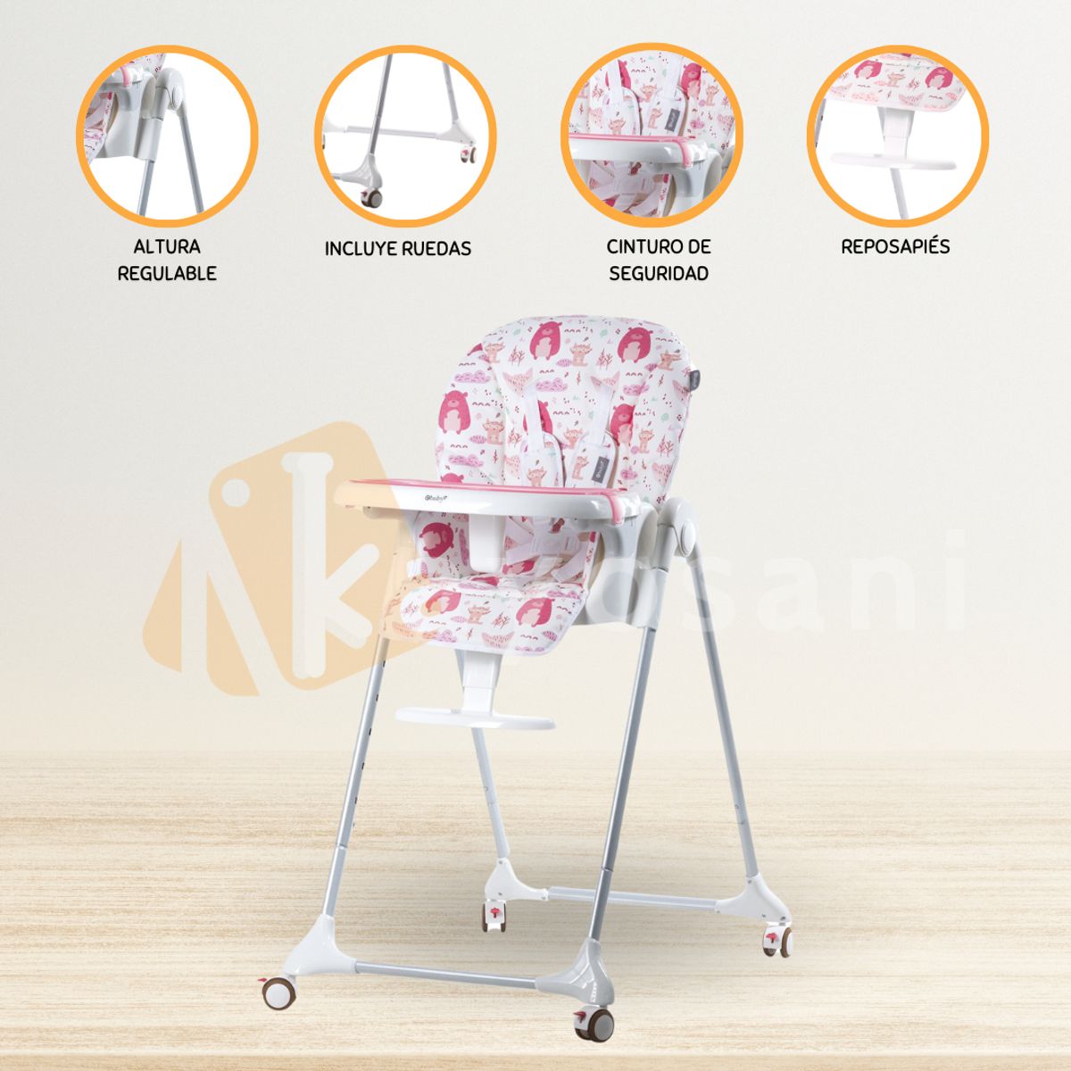 EBABY - Silla de Comer Graduable »HARRIET BOSQUE» Pink