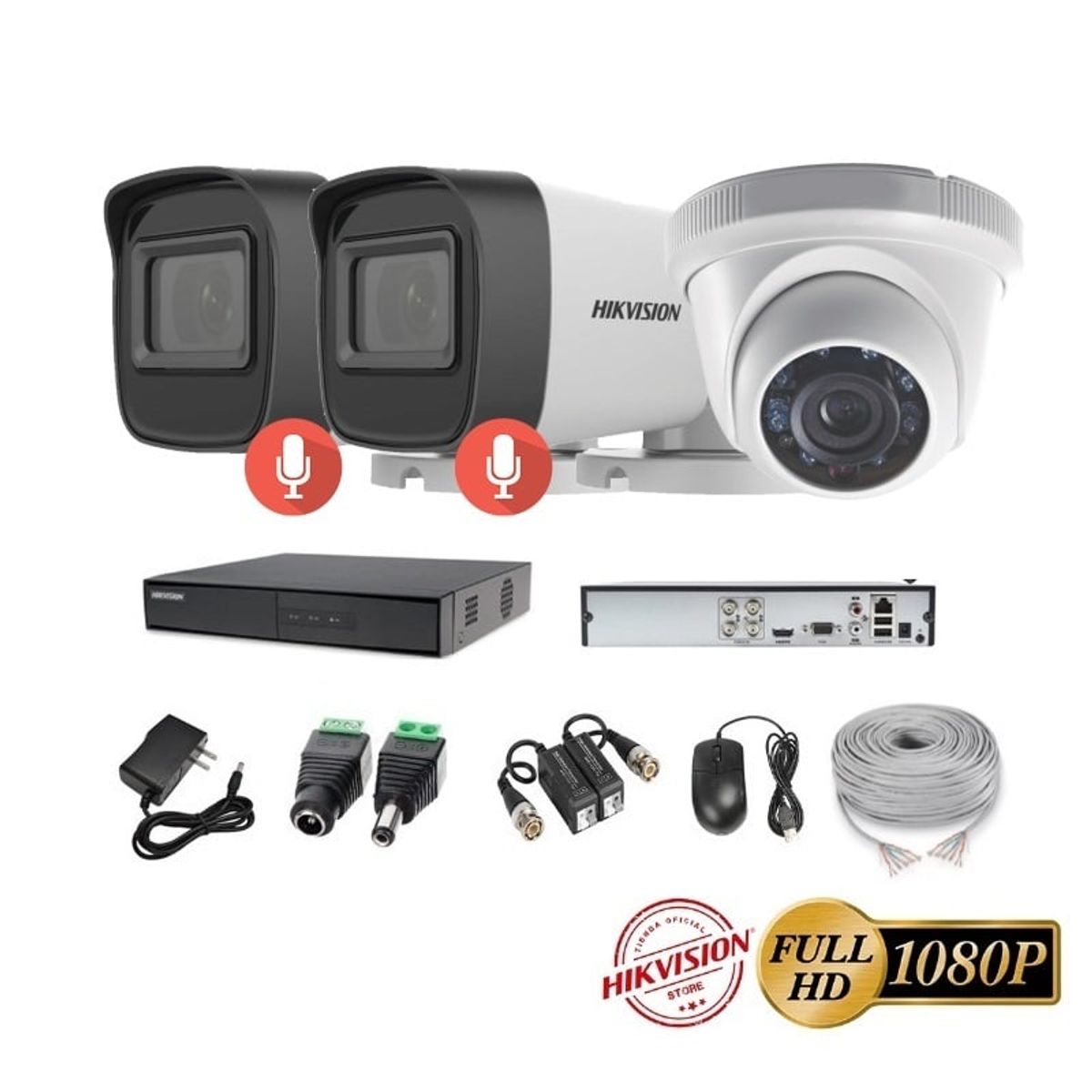 HIKVISION - kit 3 Cámaras Seguridad FULLHD Hikvision + AUDIO + Cable