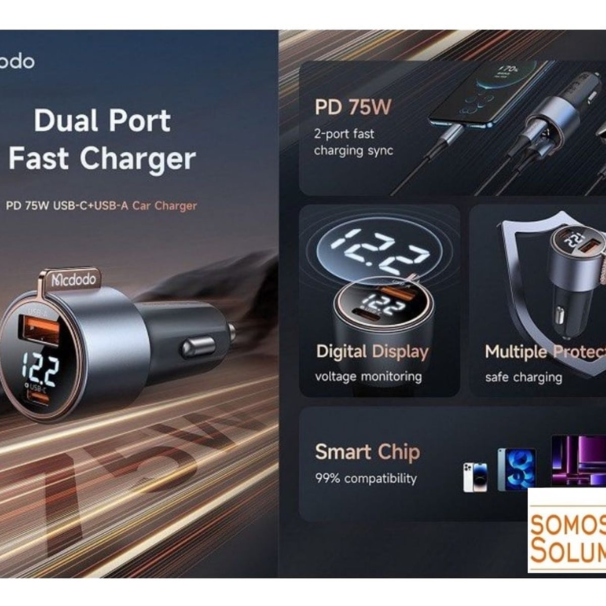 MCDODO - Cargador Para Auto tipo C USB - 75W PD Cigarrera - Mcdodo