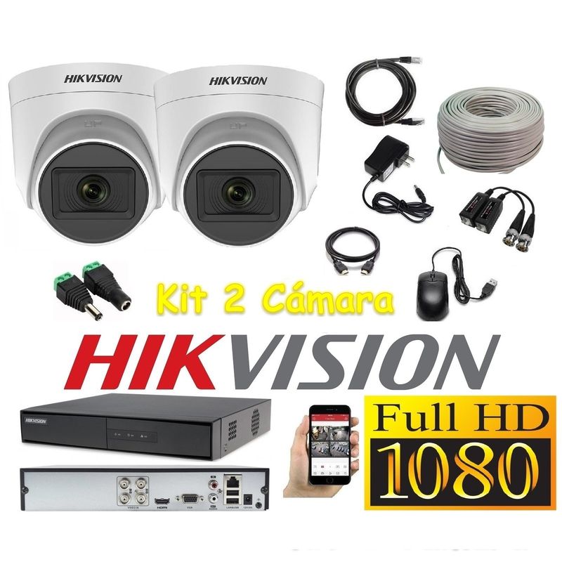 HIKVISION - Cámaras Seguridad Kit 2 HIKVISION DOMO FULLHD Audio Incorporado + Cable