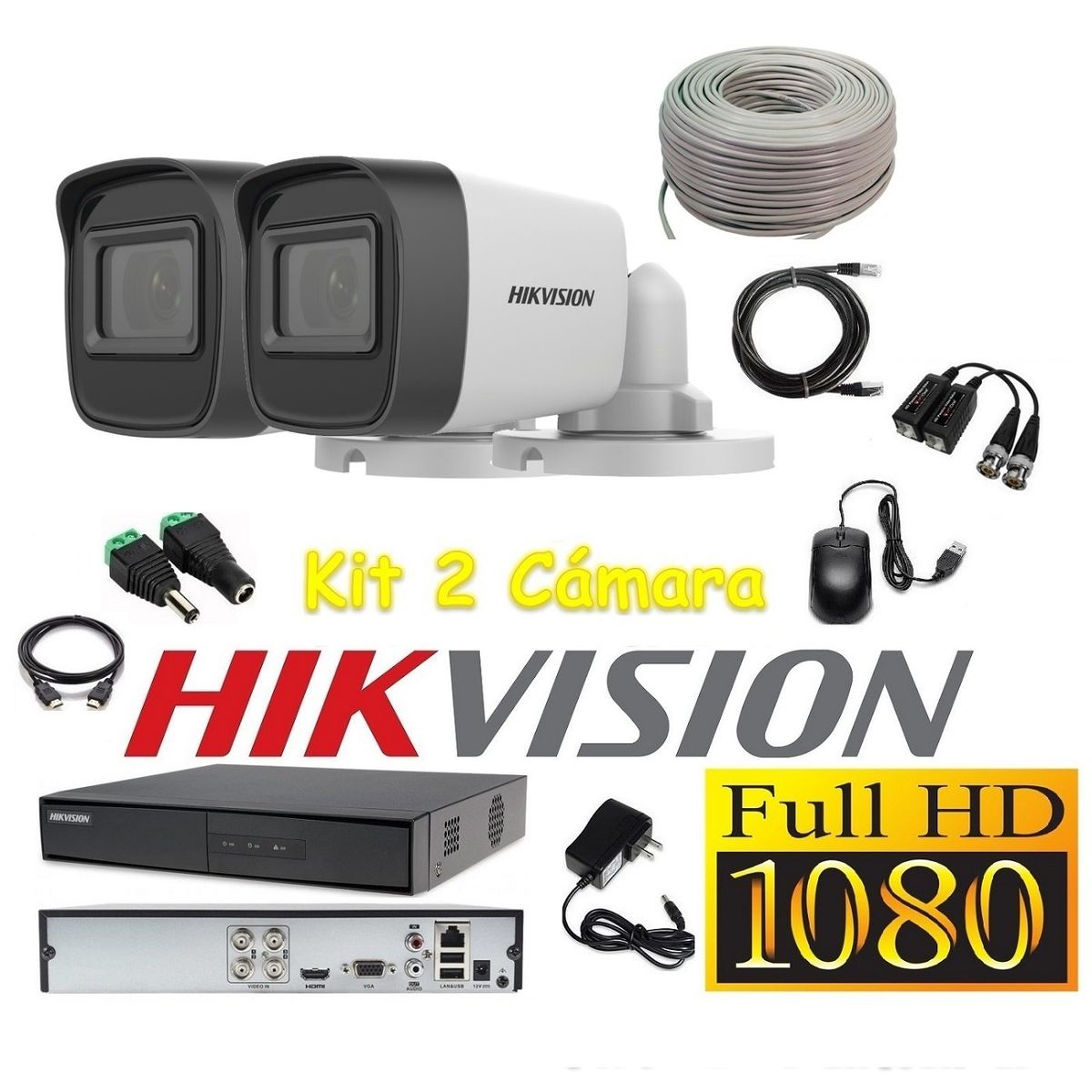 HIKVISION - Cámaras Seguridad Kit 2 HIKVISION TUBO FULLHD Audio Incorporado + Cable