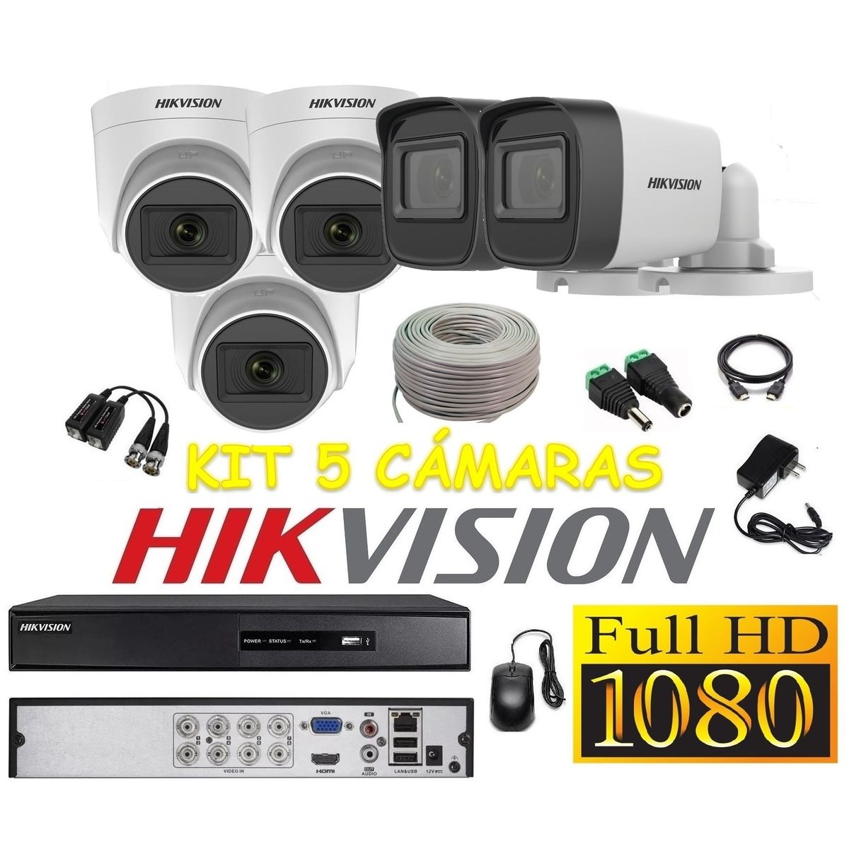 HIKVISION - Cámaras Seguridad Kit 5 HIKVISION FULLHD Audio Incorporado + Cable