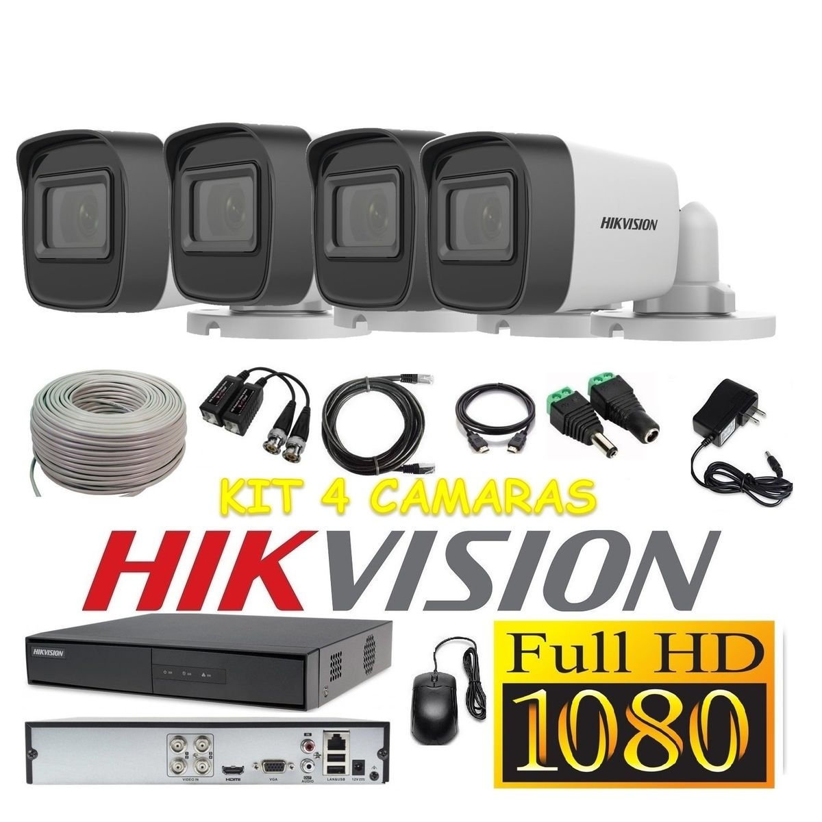 HIKVISION - Cámaras Seguridad Kit 4 HIKVISION TUBO FULLHD Audio Incorporado + Cable