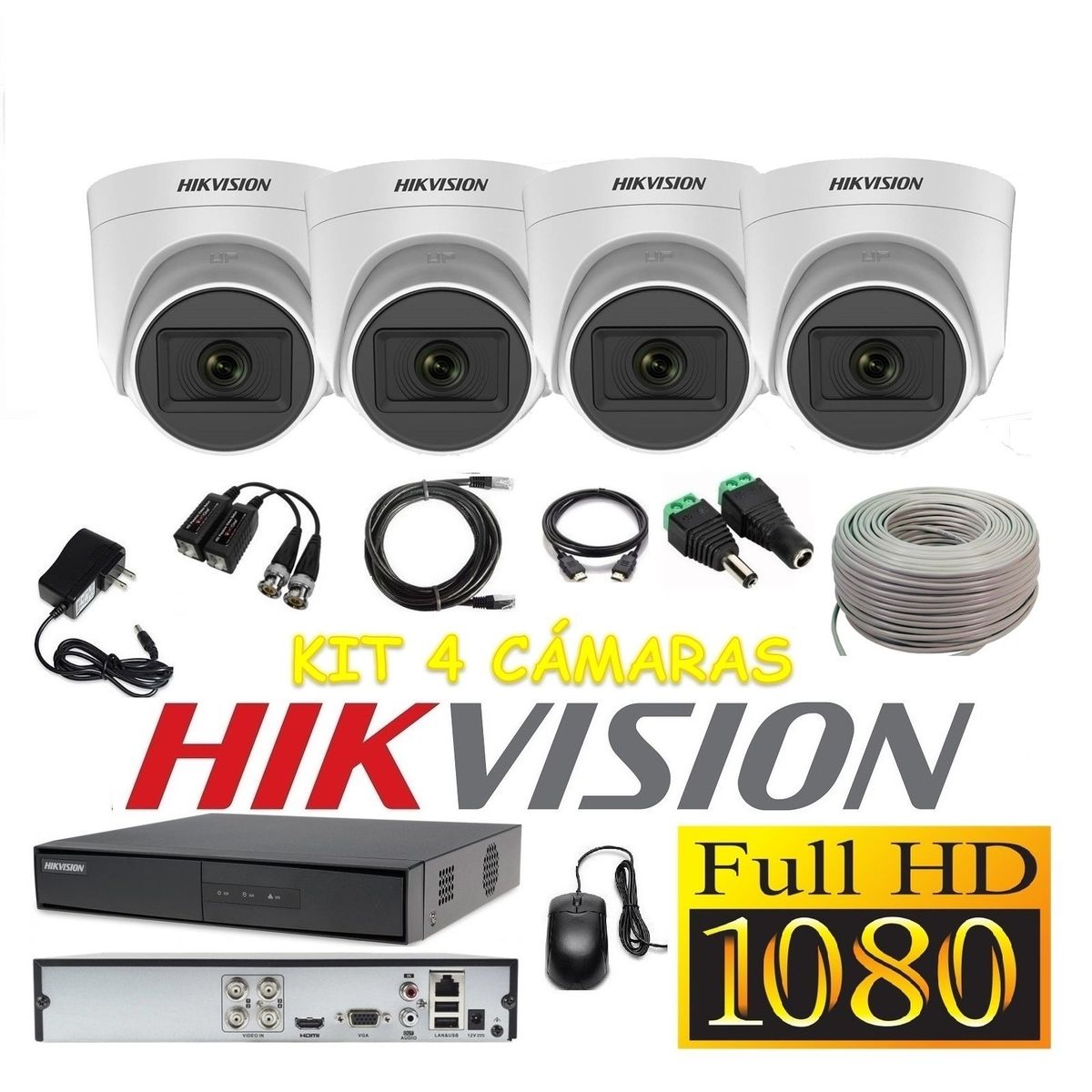 HIKVISION - Cámaras Seguridad Kit 4 HIKVISION DOMO FULLHD Audio Incorporado + Cable