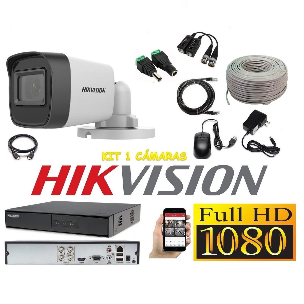 HIKVISION - Cámaras Seguridad Kit 1 HIKVISION TUBO FULLHD Audio Incorporado + Cable