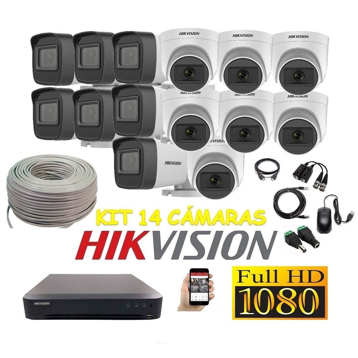 HIKVISION - Cámaras Seguridad Kit 14 HIKVISION FULLHD Audio Incorporado + Cable