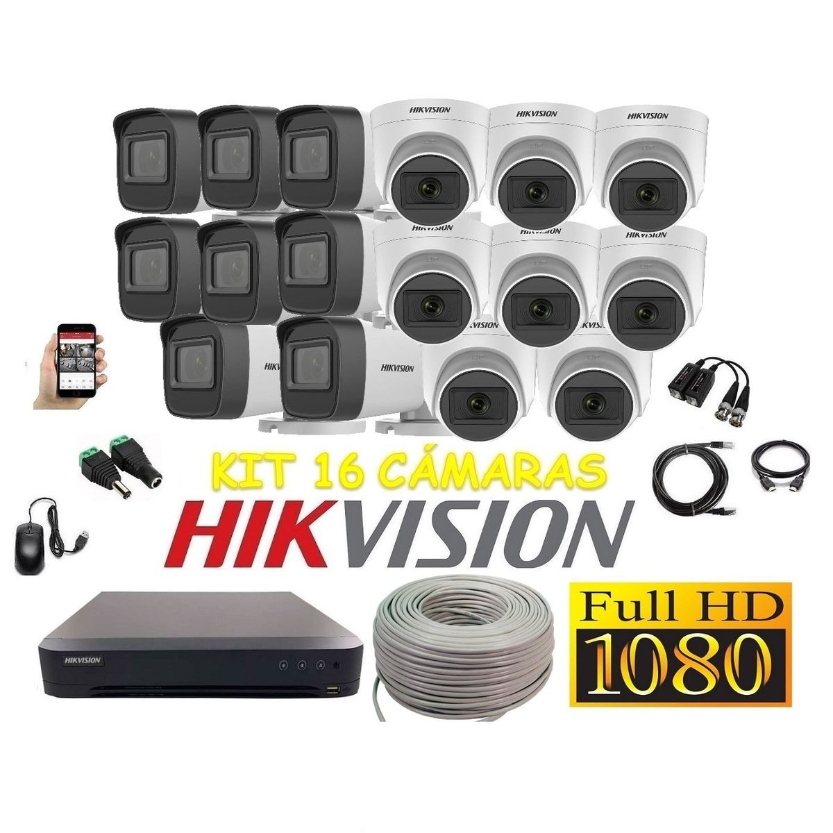 HIKVISION - Cámaras Seguridad Kit 16 HIKVISION FULLHD Audio Incorporado + Cable