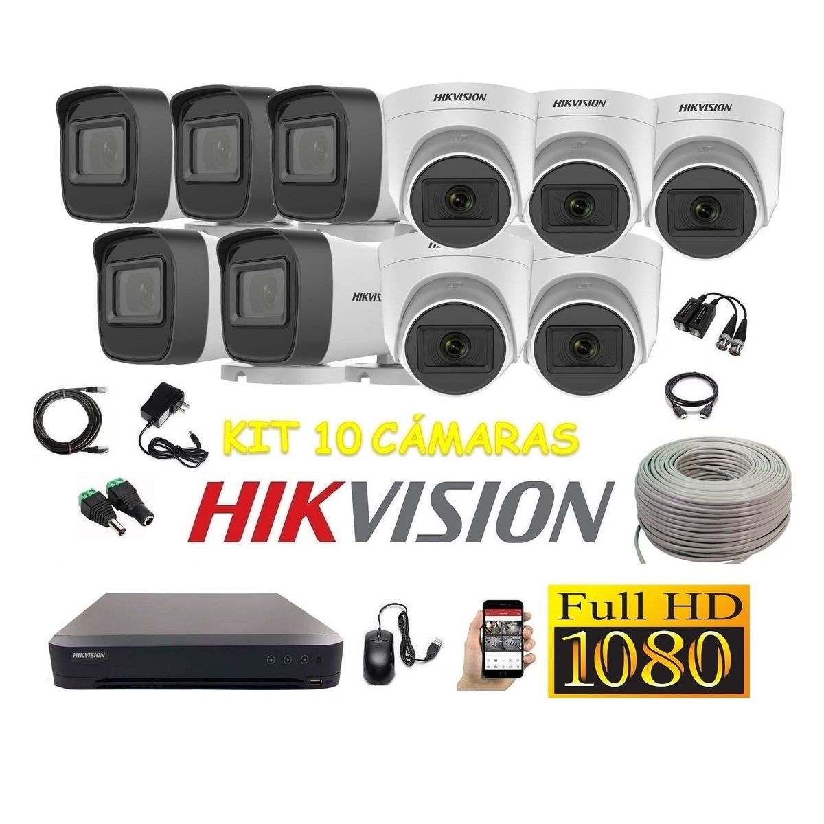 HIKVISION - Cámaras Seguridad Kit 10 HIKVISION FULLHD Audio Incorporado + Cable