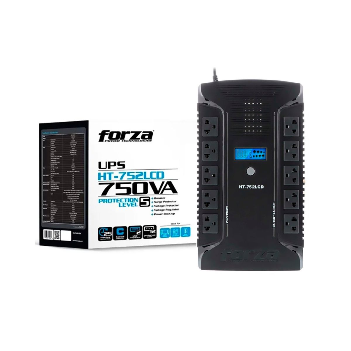 FORZA - Forza UPS Ht-752lcd 750va, 450w, 10 Tomas Universal, 2 Usb