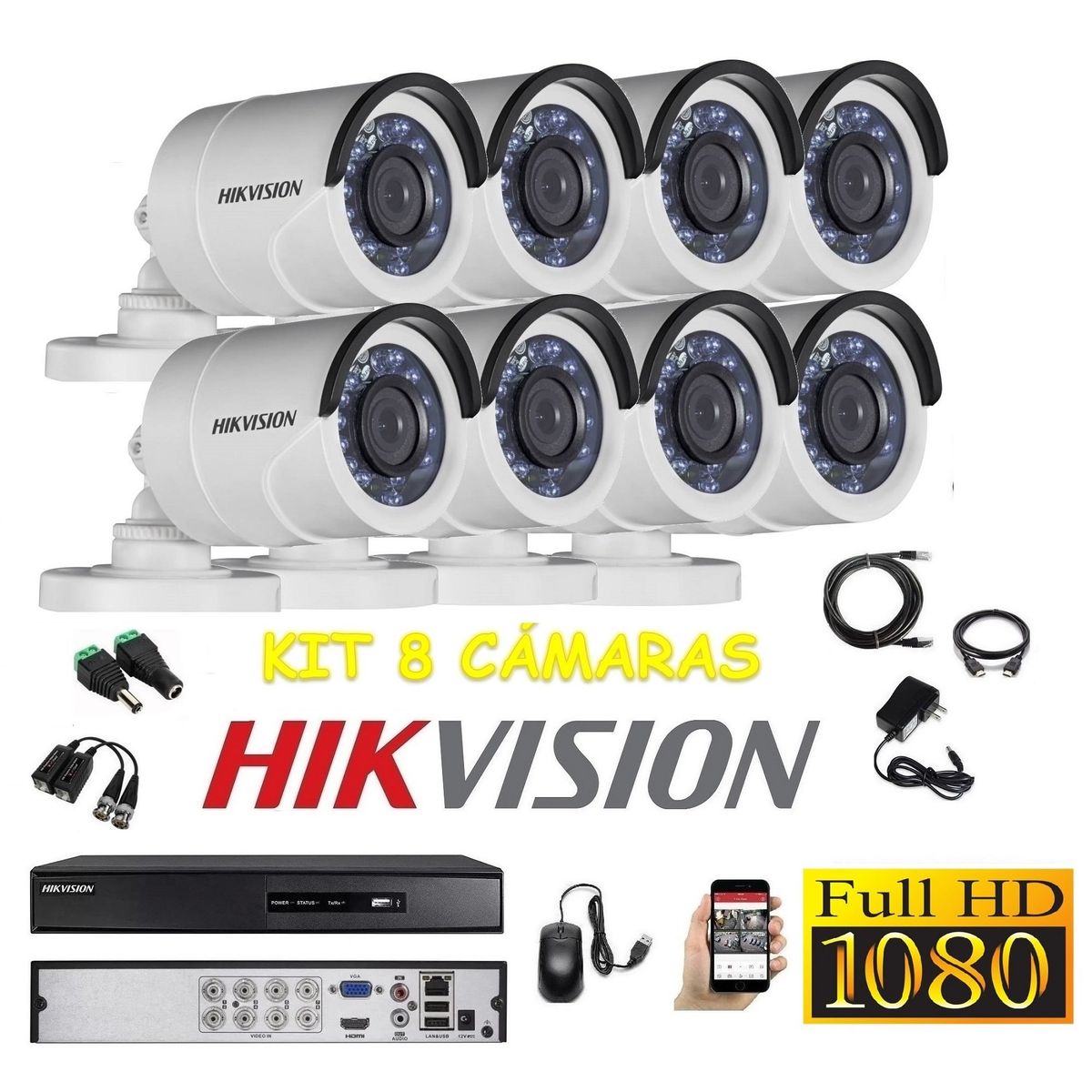 HIKVISION - kit 8 Cámaras Seguridad Tubo Exterior FULLHD Hikvision