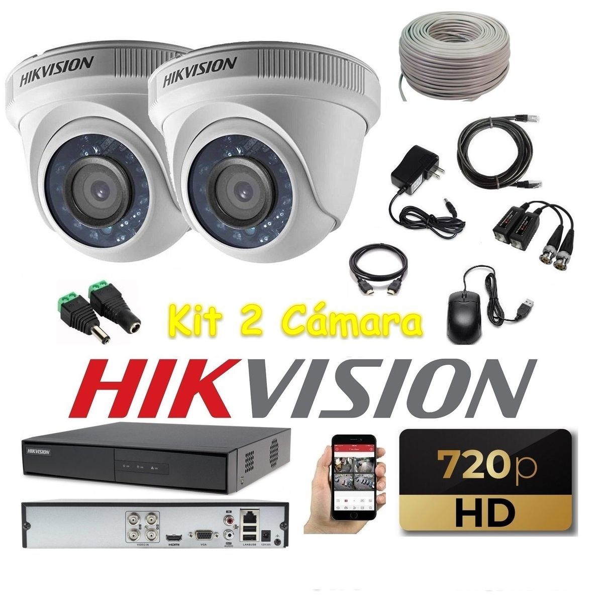 HIKVISION - kit 2 Cámaras Seguridad Domo interior HD Hikvision + Cable